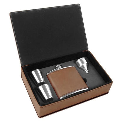 6oz Stainless Steel   Leatherette Flask Gift Set